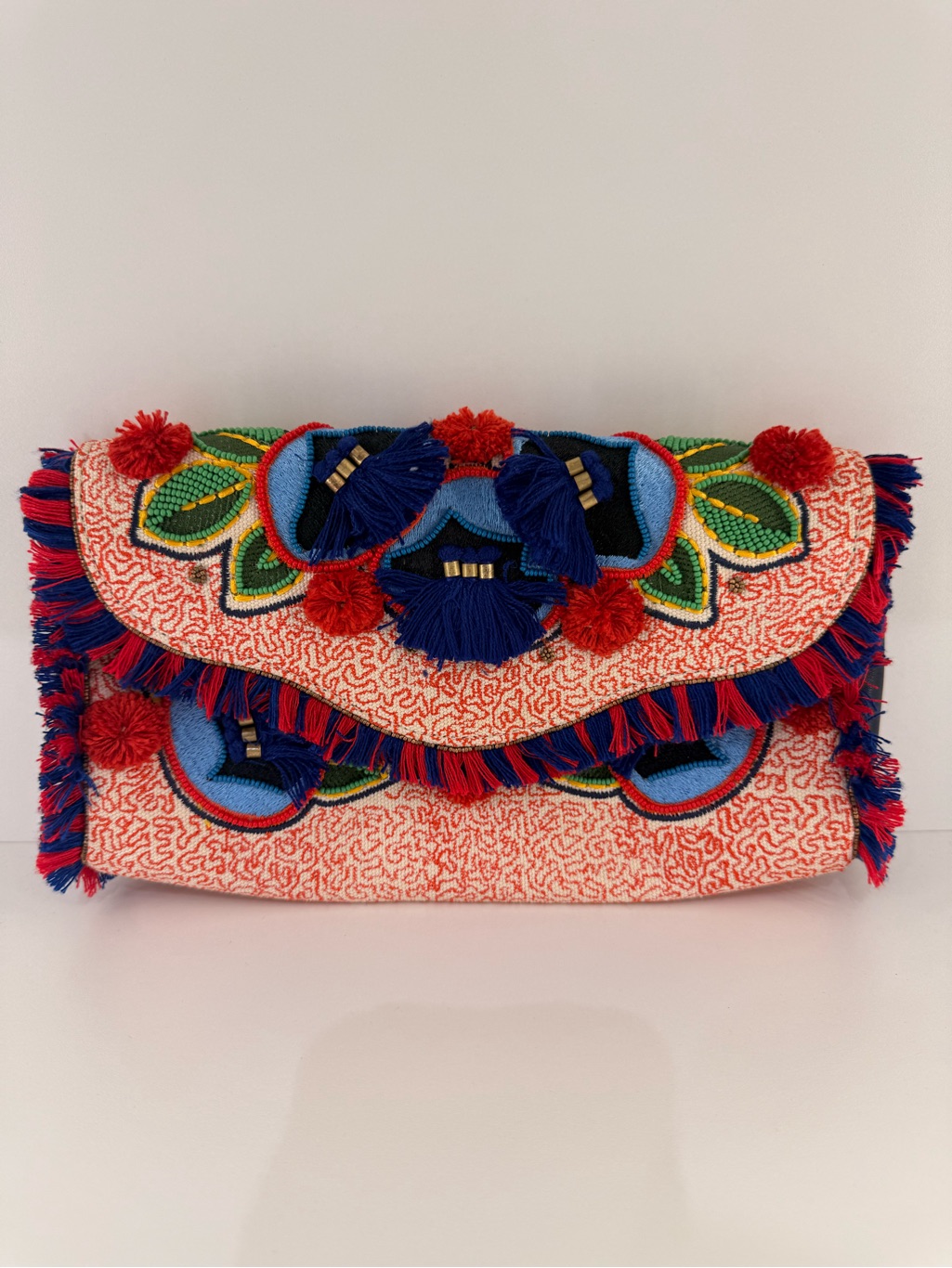 Tory Burch Fold Over Bead And Tassel Clutch Bag